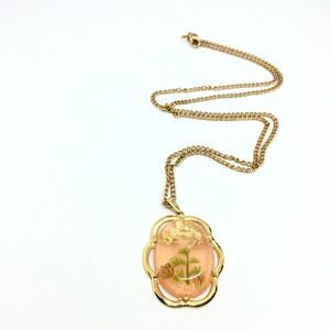 VINTAGE LUCITE FLOWER Necklace Gold Oval Pendant Pink Floral Resin Boho Cottage